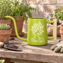 pink metal watering can plant lady for sale, soft pink powder-coated finish with sturdy metal frame, long reach spout for precision watering, contemporary garden tool design, perfect for balcony planters and container gardens, thoughtful present for gardening enthusiasts