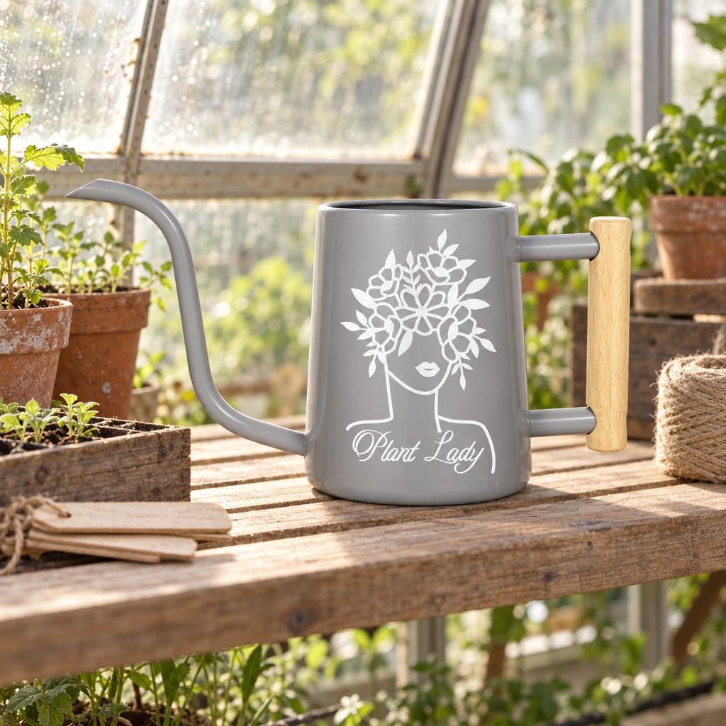 buy metal watering can - plant lady gray online, understated gray steel finish with minimalist styling, reinforced handle with ergonomic curve, 1.5-liter capacity ideal for apartment dwellers, perfect for daily care of succulent and tropical plants, thoughtful present for home gardeners