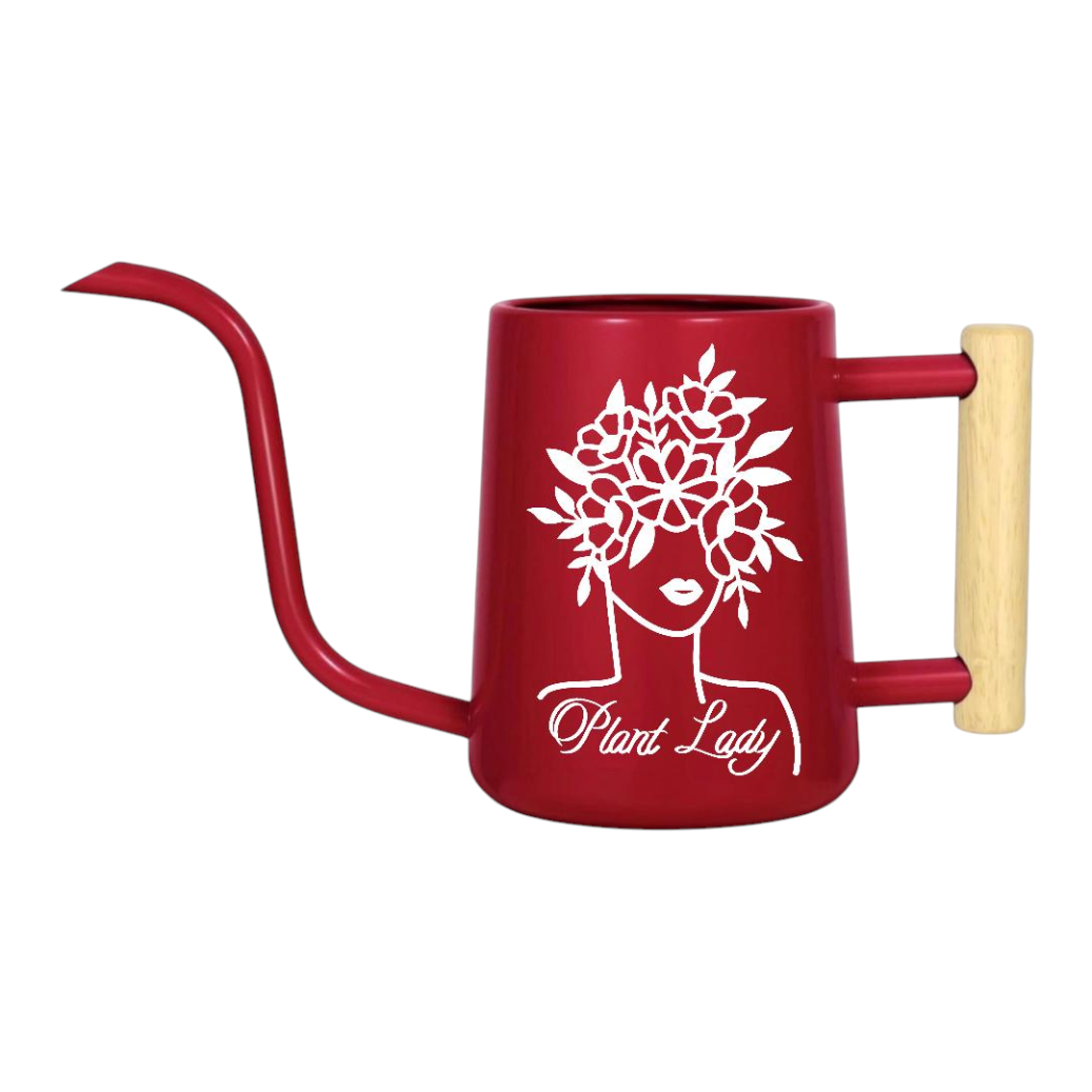 pink metal watering can - plant lady for sale, romantic pink enamel coating with protective clear seal, curved handle for comfortable extended use, 2-liter capacity with smooth pouring action, ideal for decorative indoor plant displays, lovely gift for plant-obsessed individuals