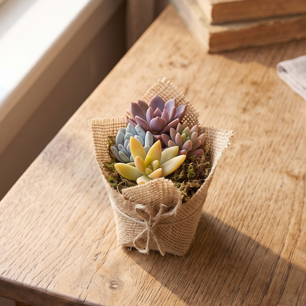 Buy Mini Succulent Favors in Burlap online. Charming mini succulents wrapped in natural burlap, perfect for weddings, parties, baby showers, and gifts.