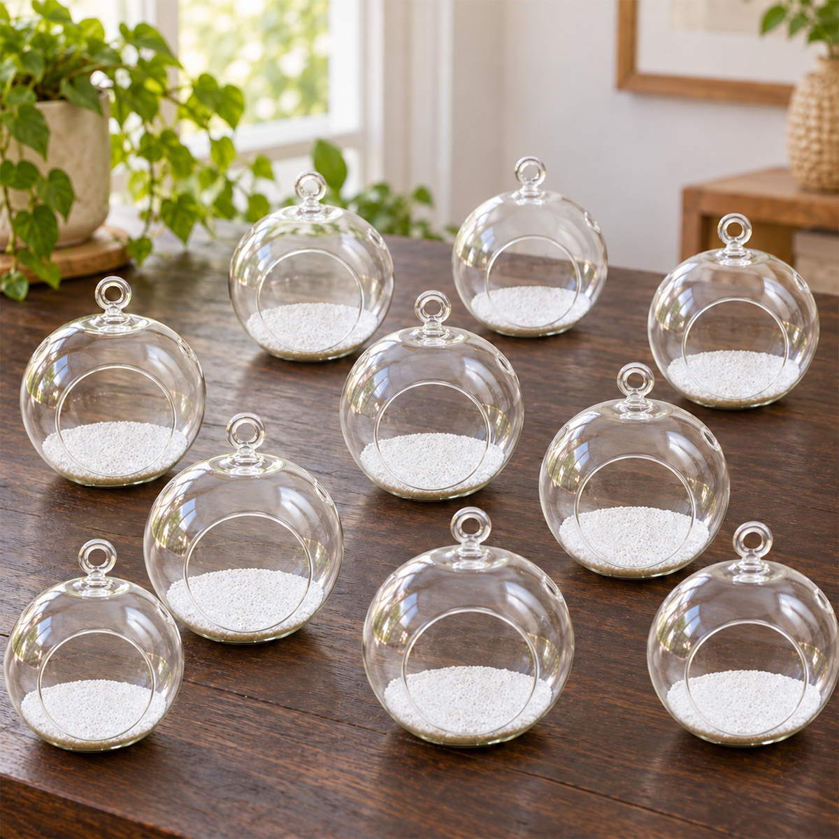 ten small glass hanging terrariums arranged in rows, each with white or black sand at the bottom and open tops, displayed against a white background