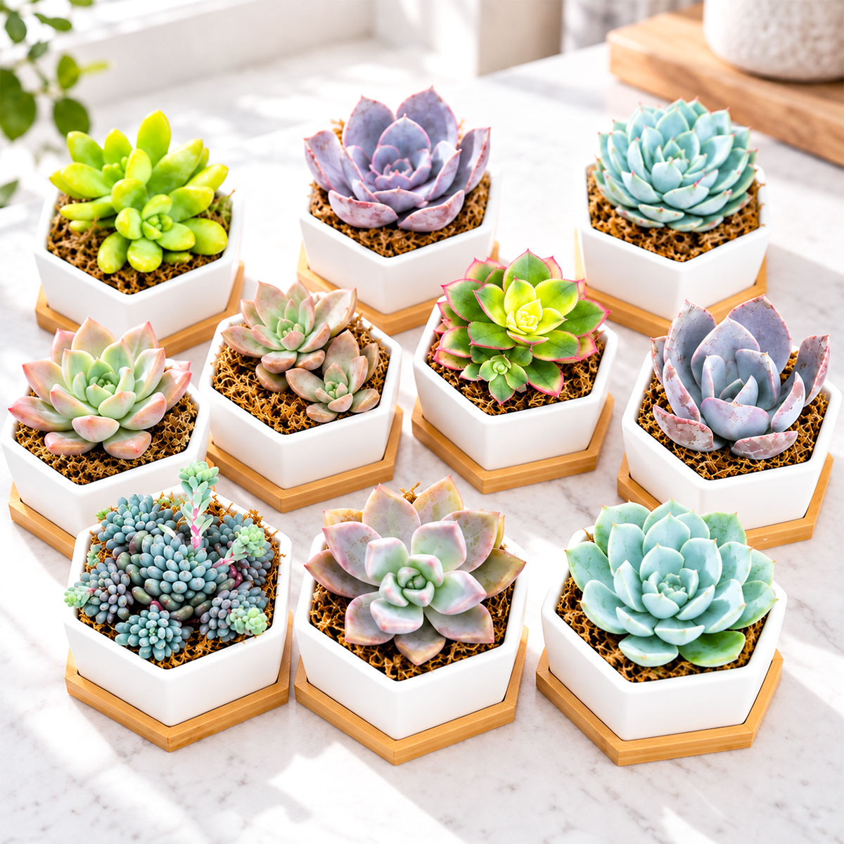 ten mini hexagon ceramic pots with live succulents in assorted green and rosy hues, each pot displayed with matching bamboo drainage tray on white surface