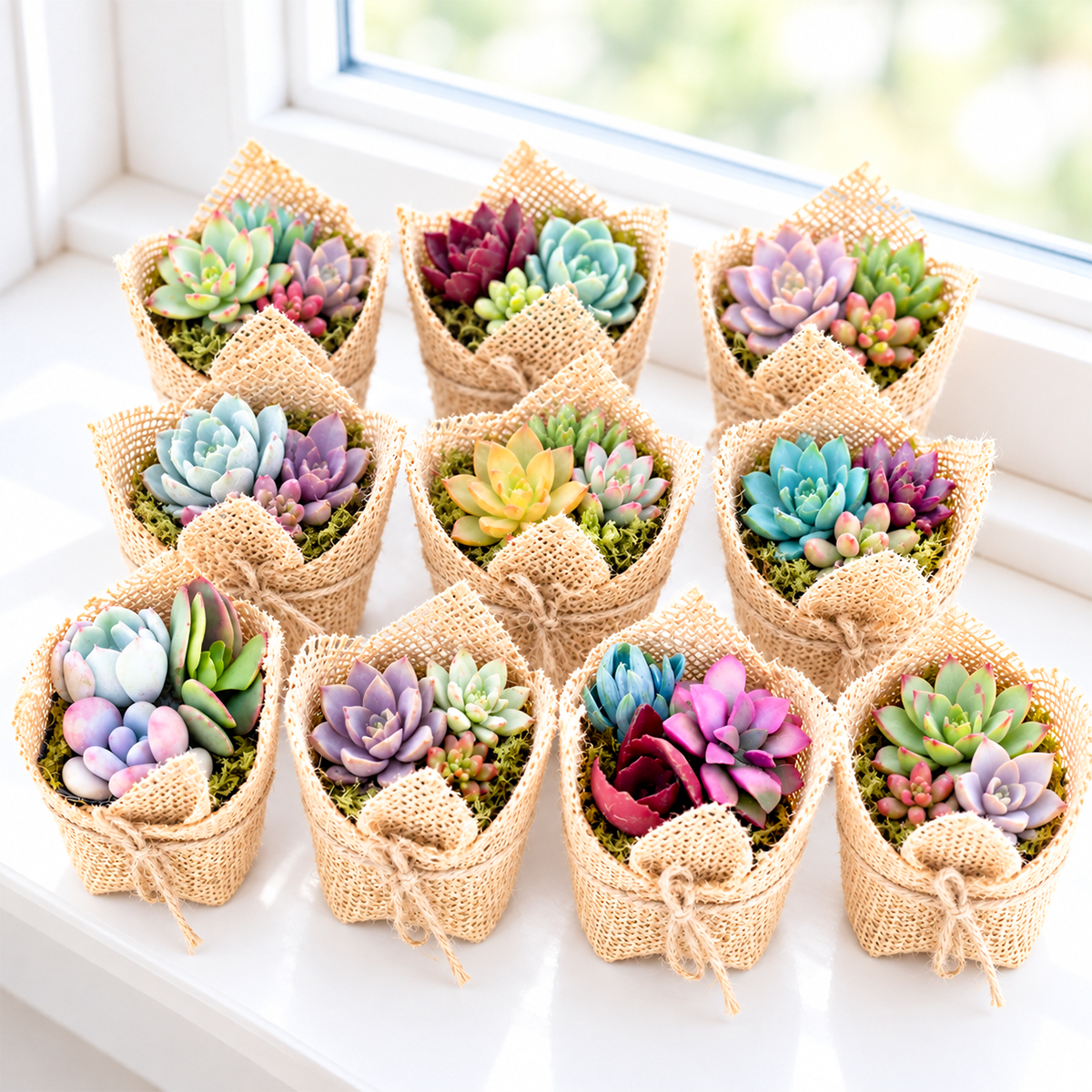 ten two-inch potted mini succulents with burlap wrapping, twine, and moss displayed as a collection of event party favors with natural earth-tone styling