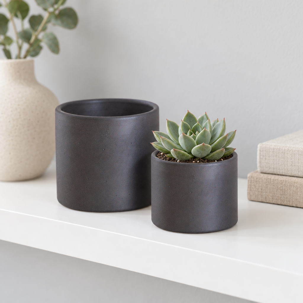 buy minimalist concrete planter online, charcoal solid concrete modern pot, small indoor planter, thoughtful gift
