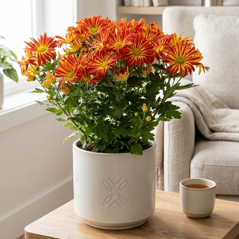 6 inch Mums (Chrysanthemum) live houseplant for sale, vibrant autumn blooms in compact red pot, spreading growth habit with feathery green foliage, seasonal flowering variety, requires rotating for even growth, perfect holiday gift for plant lovers and home décor enthusiasts