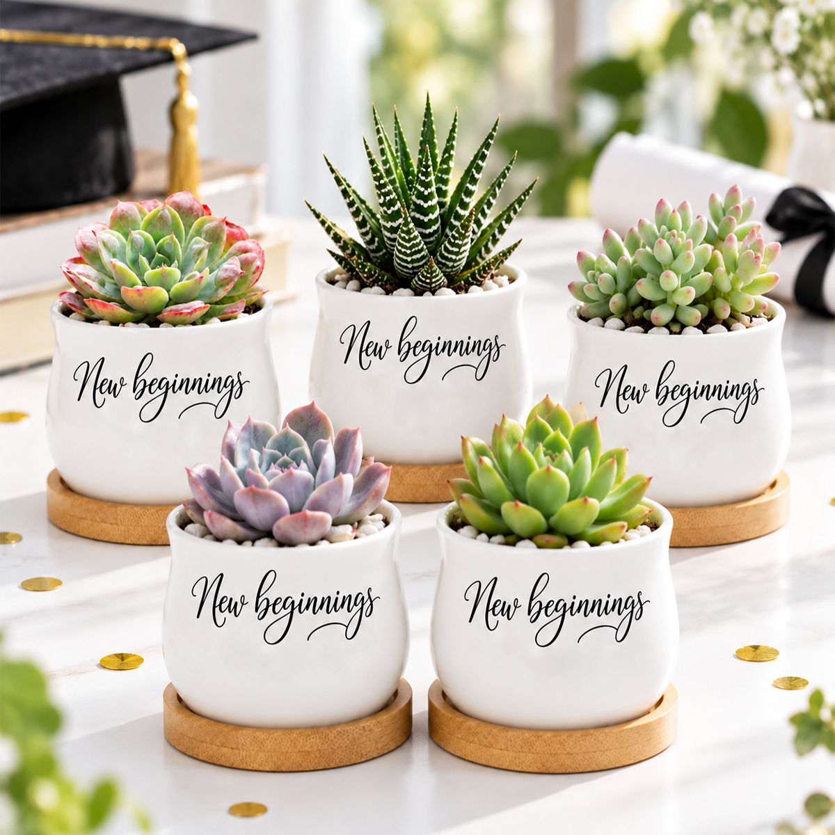 buy Pack of Succulent Pot - New beginnings online, white ceramic barrel-shaped planter with natural bamboo tray, compact 2.6 inch desktop pot, ideal for small succulents or tea light display, thoughtful gift for plant lovers