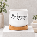 buy Succulent Pot - New beginnings online, ceramic mini planter with natural wood tray, gently curved design, functional drainage system included, charming desk decor or gift option