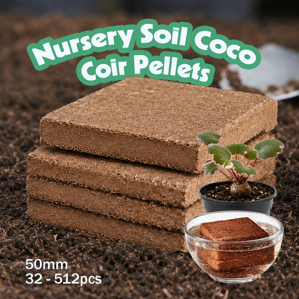 nursery soil coco coir pellets for sale, gardening pellets for seedlings and plants, soil amendment for potted plants, compressed nursery growing pellets, natural coconut fiber growing media