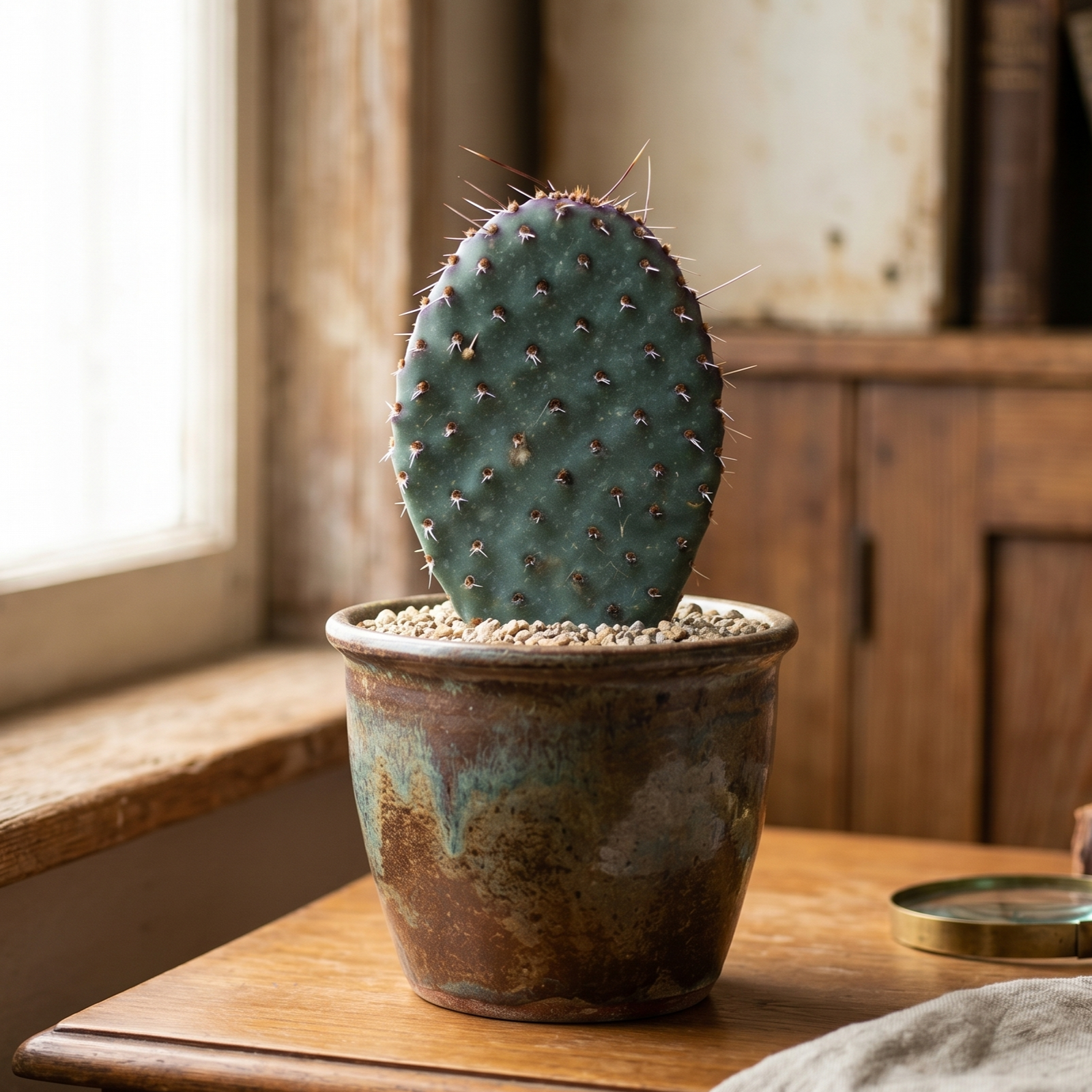 buy opuntia 'saucey' live cactus 6-8 inch online, bare root paddle cactus with vivid purple-tinted flat pads, thornless glochid-bearing surface, low clumping growth habit, spring pink flowering, drought tolerant and frost hardy, bold architectural ac