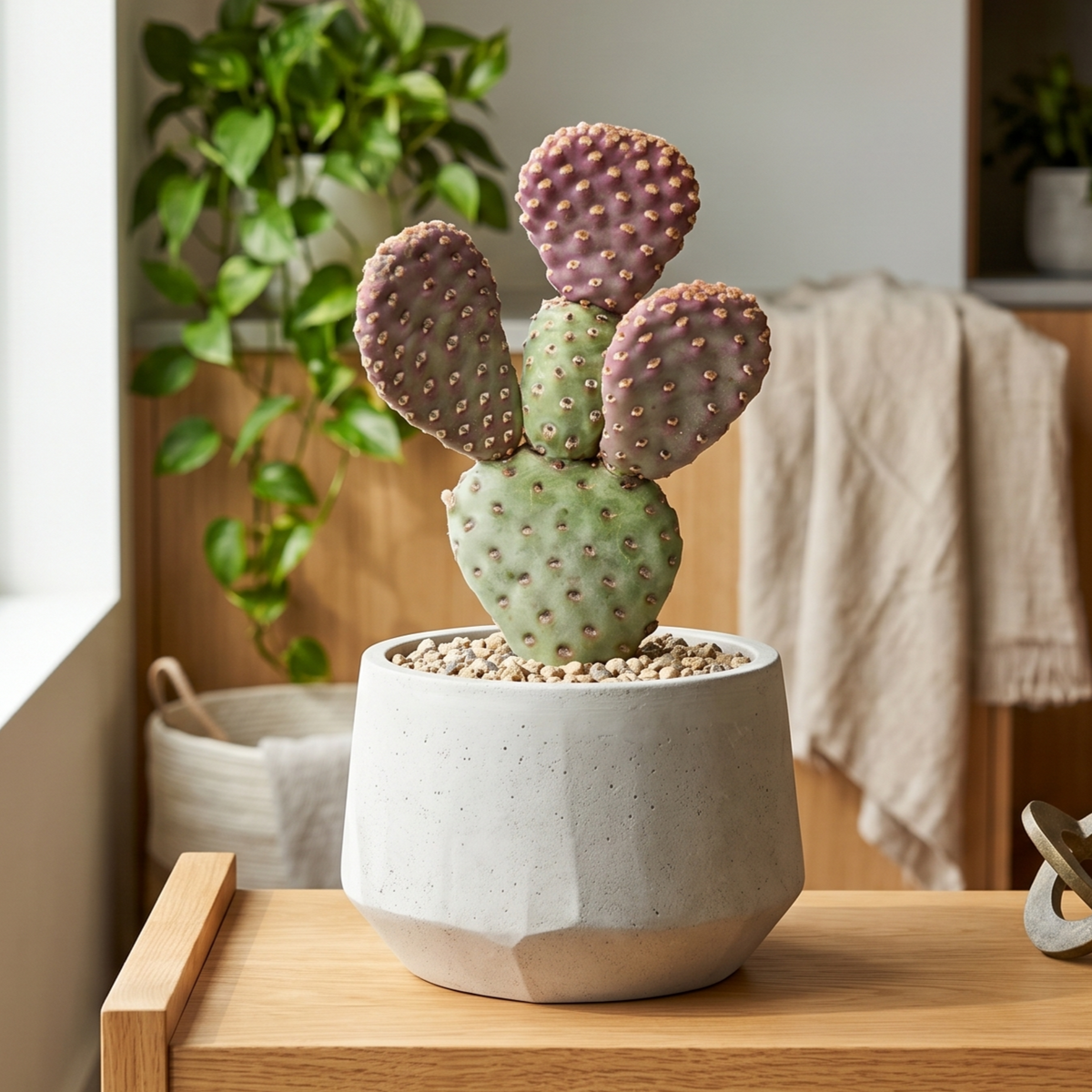 buy opuntia basilaris var. caudata live plant 3-4 inch online, spineless flat paddle-shaped stems with deep burgundy to purple coloring, low-growing wide spreading growth habit perfect for ground coverage, thrives in direct sun or low-light conditions and tolerates dry heated indoor air, hardy enough to remain outdoors during autumn months, striking succulent accent for bright windowsill or rock garden display, unique cactus gift idea for desert plant enthusiasts