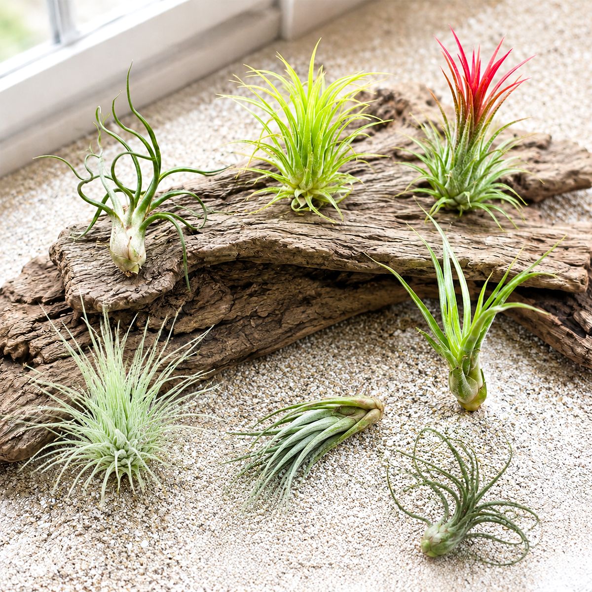 Pack of 7 Assorted Air Plants for sale, exotic air plant bundle for home decor, low maintenance indoor houseplants, assorted tropical epiphytic plants, easy care tillandsia collection, air plants for terrariums and driftwood displays, modern minimalist botanical decor