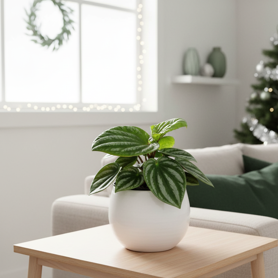 Buy Peperomia 'Ecuador' in White Decorative Pot, Trailing Silver Striped Foliage Houseplant, trailing houseplant, hanging basket plant, easy care indoor plant, pet safe Peperomia, unique houseplant