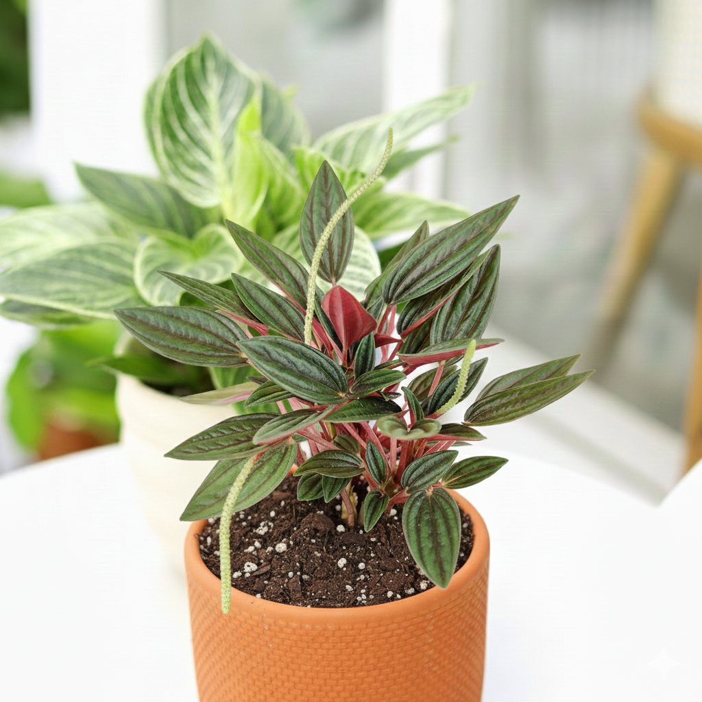 4 inch Peperomia Rosso in decorative pot, colorful houseplants, 4 inch live plants for sale, buy Peperomia Rosso online