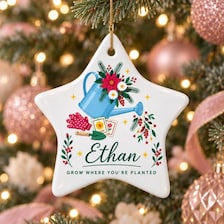 personalized gardener christmas ornament for sale, custom engraved keepsake with festive appeal, quality construction with refined details, star-shaped pot feature, great for holiday gift exchanges, special present for garden hobby enthusiasts