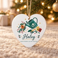 buy personalized gardener christmas ornament online, bespoke engraving with seasonal charm, versatile style suitable for any décor, circle pot design element, perfect for ornament collectors and gardeners, wonderful gift for green-minded friends