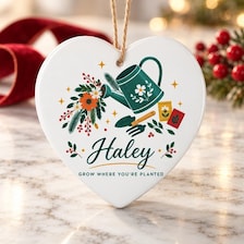 buy personalized gardener christmas ornament porcelain online, fine porcelain with elegant glazed surface, delicate craftsmanship with custom engraving, circle pot design, perfect for hanging on christmas trees, beautiful keepsake gift for gardening friends