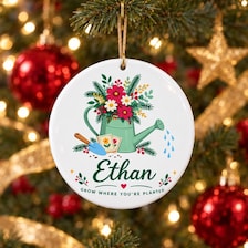 acrylic personalized gardener christmas ornament for sale, transparent acrylic with engraved personalization, modern minimalist style, heart-shaped pot illustration, ideal for ornament collections and holiday tree displays, thoughtful gift for garden lovers