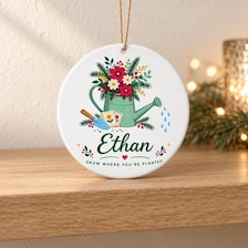 buy personalized gardener christmas ornament acrylic online, custom name engraving with festive garden theme, lightweight durable acrylic construction, heart-shaped pot design, ideal for honoring gardening enthusiasts, unique gift for green thumb lovers