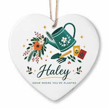 wood personalized gardener christmas ornament for sale, natural wood finish with personalized details, rustic charm perfect for holiday décor, star-shaped pot motif, great for decorating garden sheds or home displays, memorable gift for dedicated gardeners