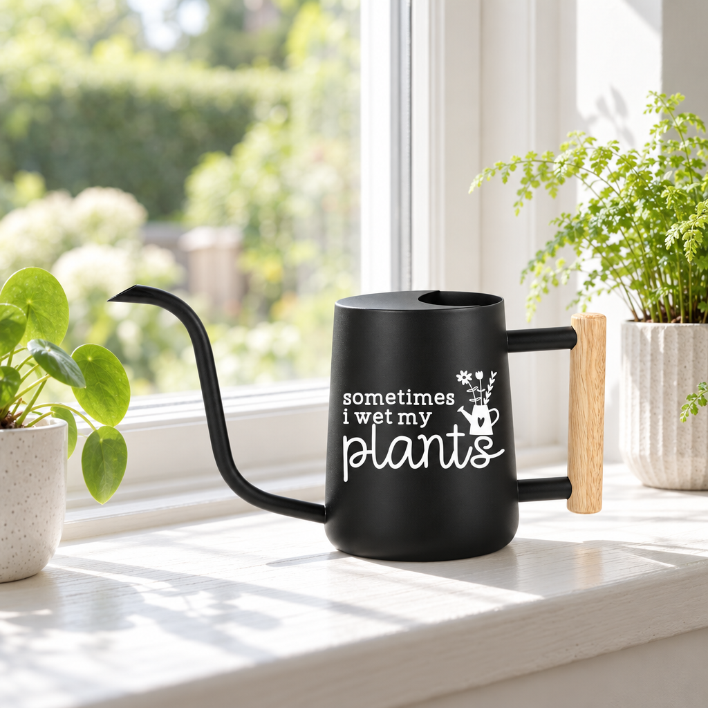 buy personalized metal watering can sometimes i wet my plants black online, glossy black enamel finish with personalized engraving, sturdy steel spout, 3-gallon capacity with measurement markings, perfect for balcony planters and terrace gardening, great gift for indoor plant collectors