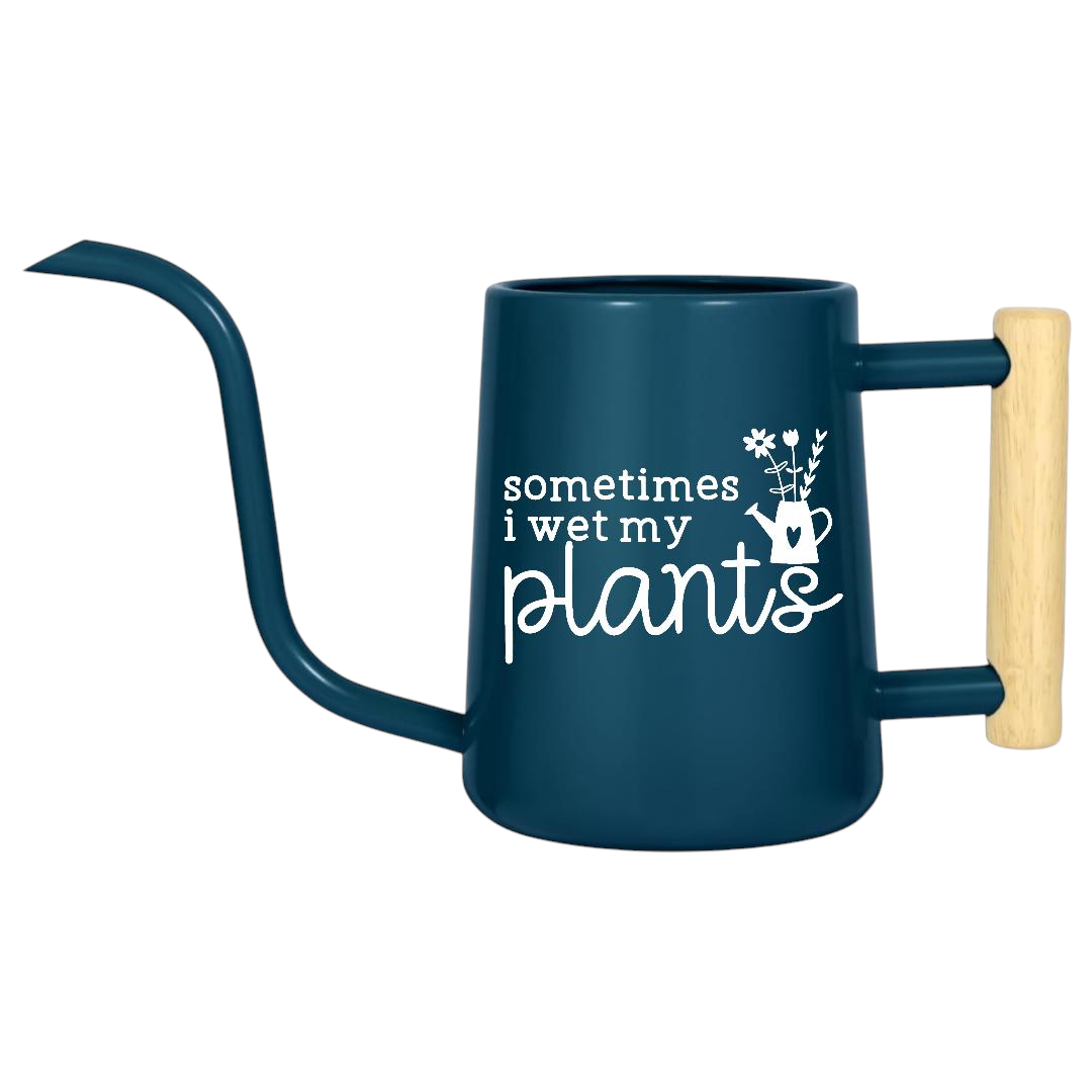personalized metal watering can sometimes i wet my plants pink for sale, lovely pink enamel metal container, custom personalization with elegant font, streamlined pour spout, ideal for indoor herb gardens and flowering arrangements, beautiful gift for plant parent friends