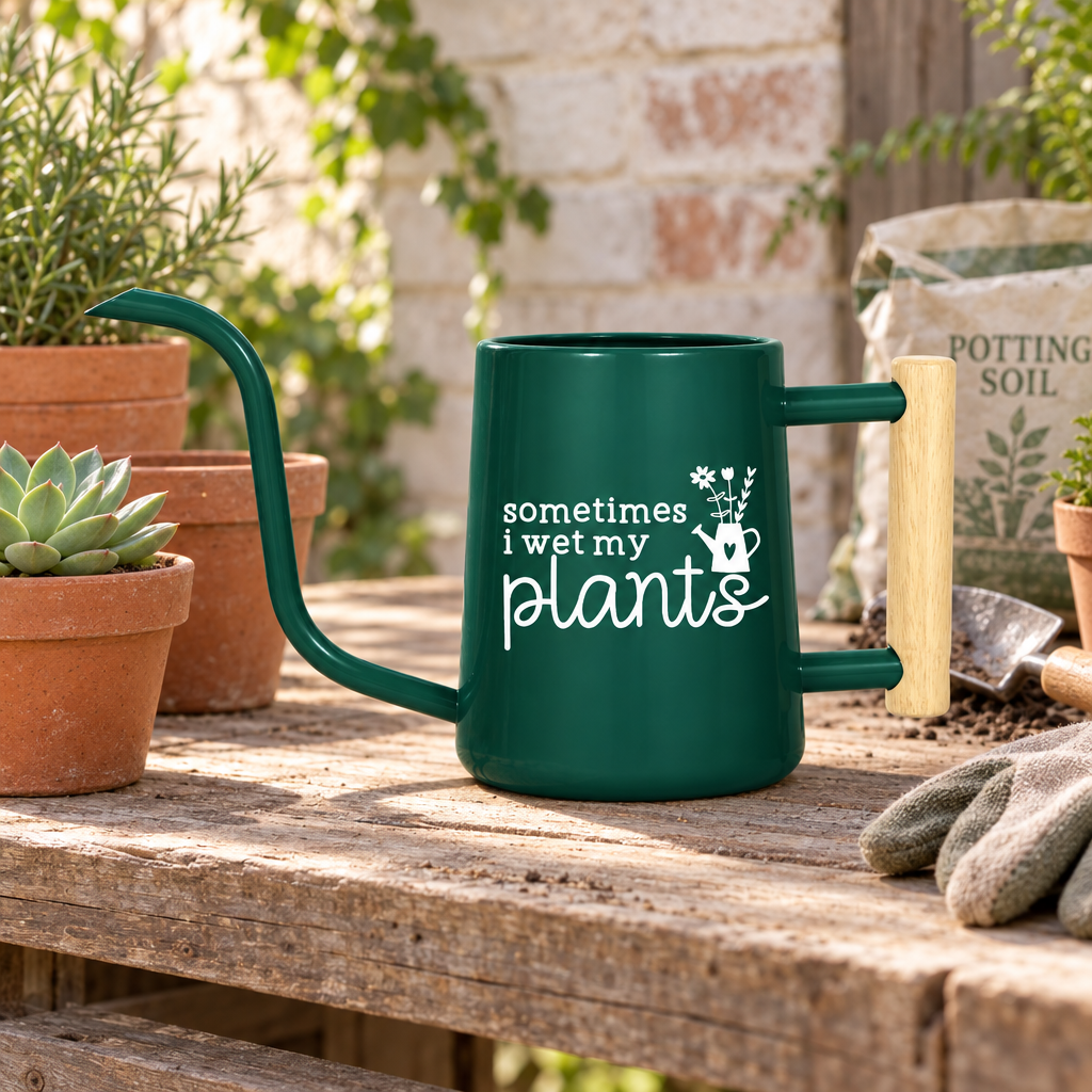 buy personalized metal watering can sometimes i wet my plants black online, durable metal construction with humorous custom text, available in black orange gray and pink color options, lightweight and rust-resistant design, ideal for indoor and outdoor potted plants, unique gardening gift for plant enthusiasts and humor lovers