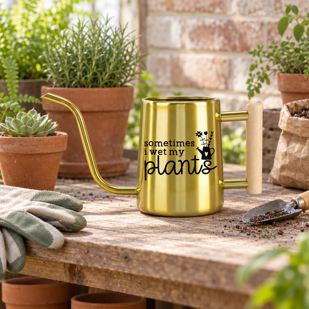 buy personalized metal watering can sometimes i wet my plants gray online, neutral gray matte metal finish with industrial aesthetic, personalized text engraving, medium 2-gallon size, excellent for apartment gardeners and indoor plant care, thoughtful housewarming gift