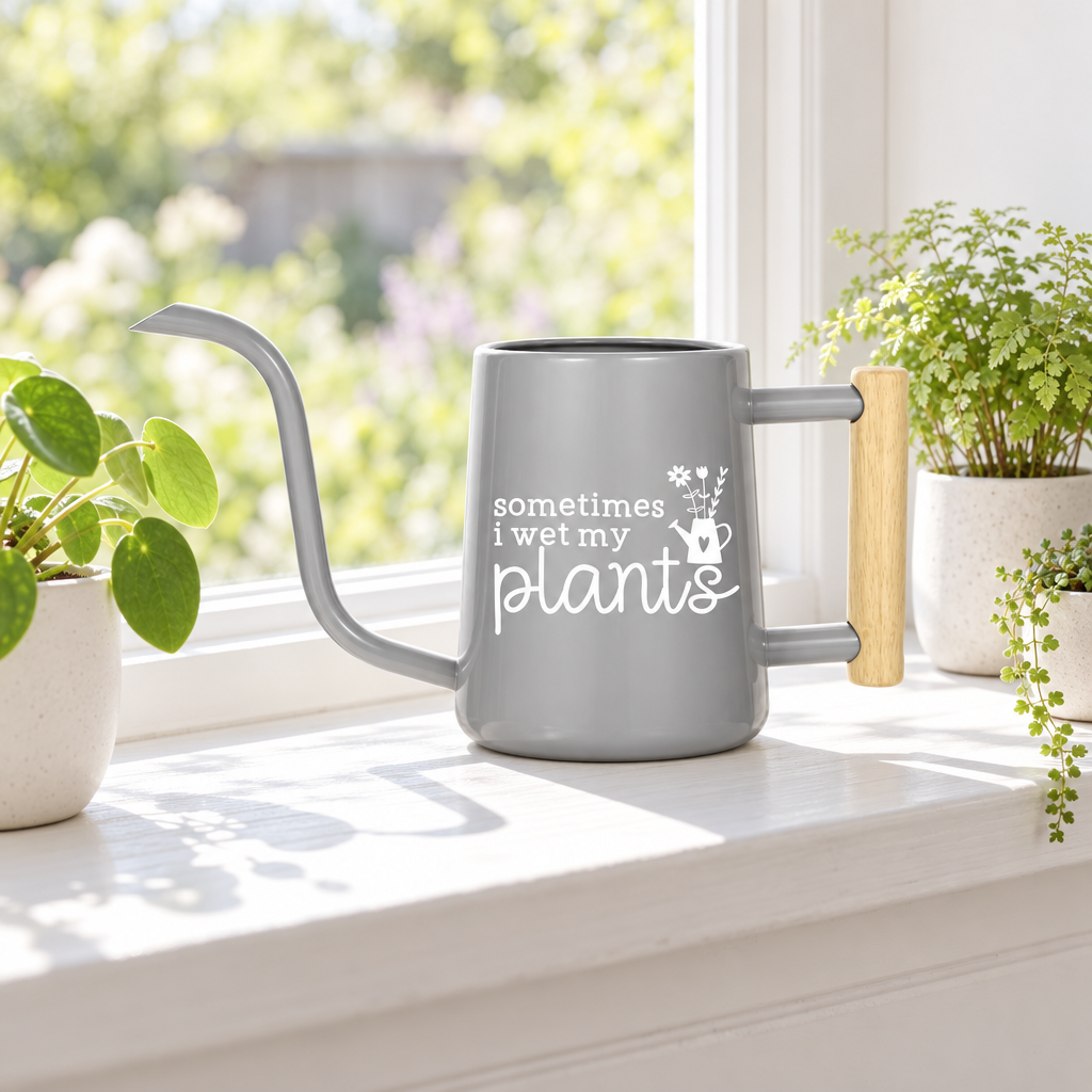 buy personalized metal watering can sometimes i wet my plants gray online, sleek gray brushed metal finish, contemporary minimalist design with custom text, lightweight construction for easy handling, ideal for apartment gardeners and small-space growing, thoughtful plant parent gift