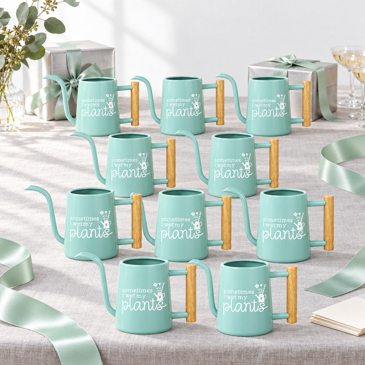 pink pot style Pack of Personalized Metal Watering Can - Sometimes I Wet My Plants for sale, soft pastel enamel coating, vintage farmhouse silhouette, narrow long spout for precise watering, ideal for patio flora, thoughtful botanical present