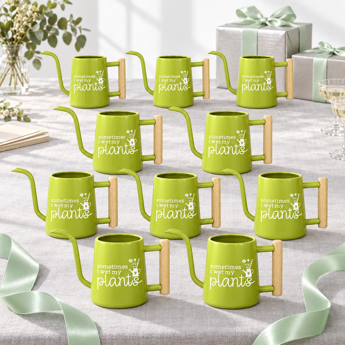 pink pot style Pack of Personalized Metal Watering Can - Sometimes I Wet My Plants for sale, flamingo pink lacquer, sturdy steel frame, precision narrow spout, great for decorative planters, sweet botanical holiday token