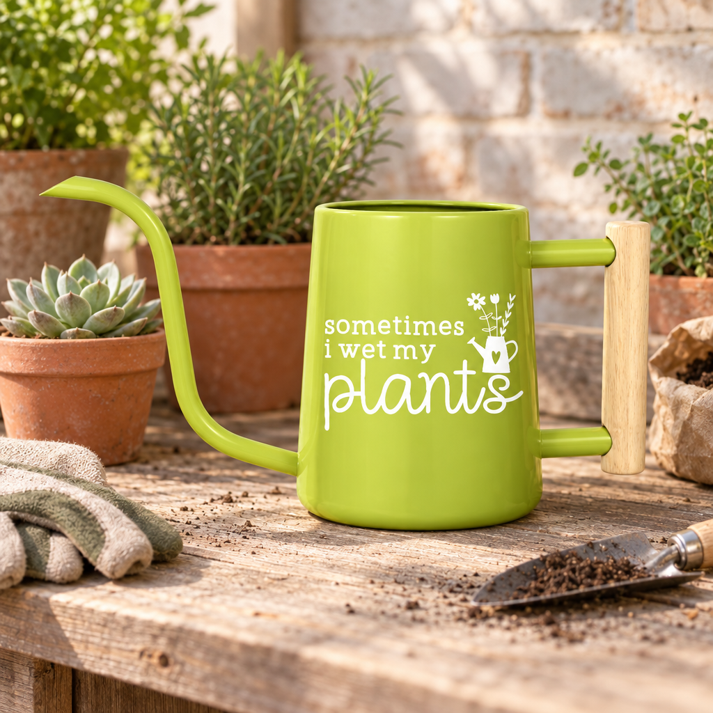 personalized metal watering can sometimes i wet my plants orange for sale, vibrant orange glossy-finish metal construction, personalized custom text, side-pour spout mechanism, ideal for patio potted plants and seasonal flower displays, unique present for cheerful gardeners