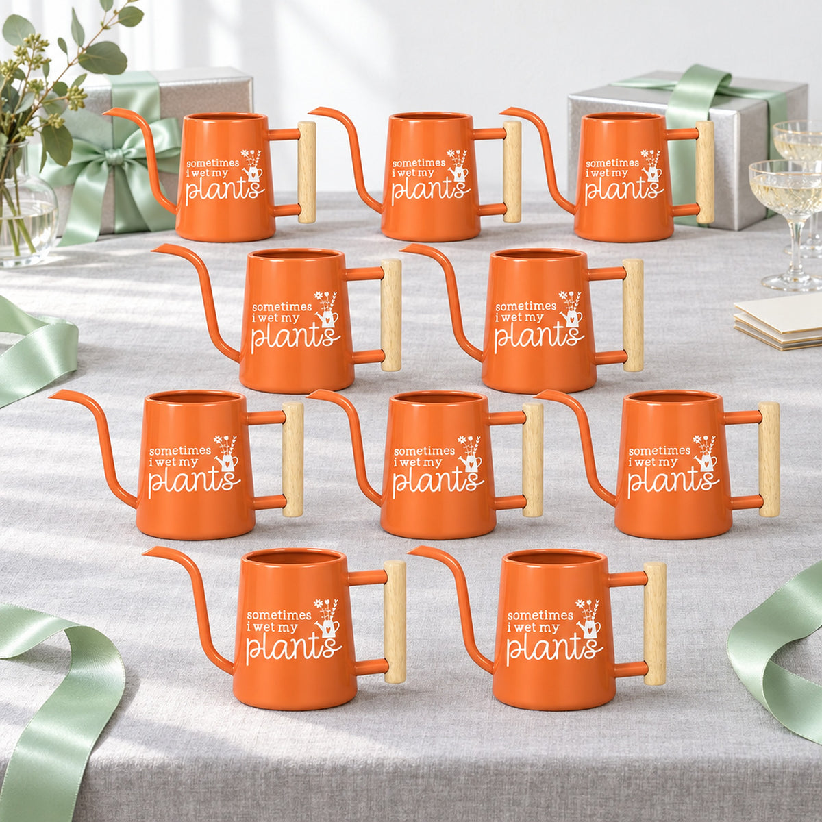 orange pot style Pack of Personalized Metal Watering Can - Sometimes I Wet My Plants for sale, rust orange shade, heavy gauge metal, ergonomic spout design, ideal for tabletop greenery, creative housewarming surprise