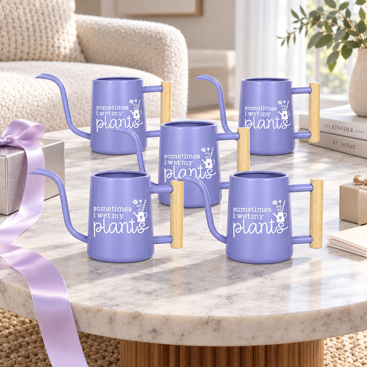 buy Pack of Personalized Metal Watering Can - Sometimes I Wet My Plants 5-pack black online, lightweight powder coated steel construction, vibrant white engraved typography, sleek modern handle design, ideal for indoor planters, great gardening gift