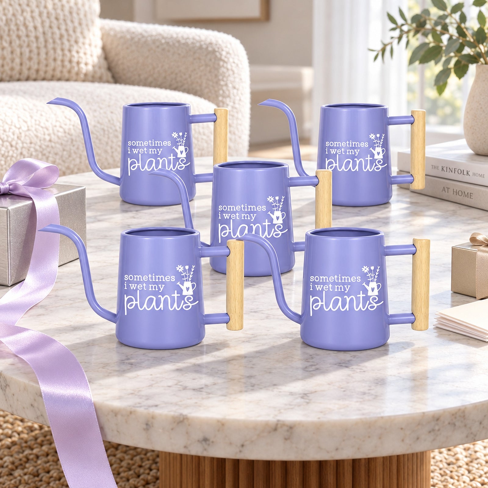buy Pack of Personalized Metal Watering Can - Sometimes I Wet My Plants 5-pack black online, lightweight powder coated steel construction, vibrant white engraved typography, sleek modern handle design, ideal for indoor planters, great gardening gift