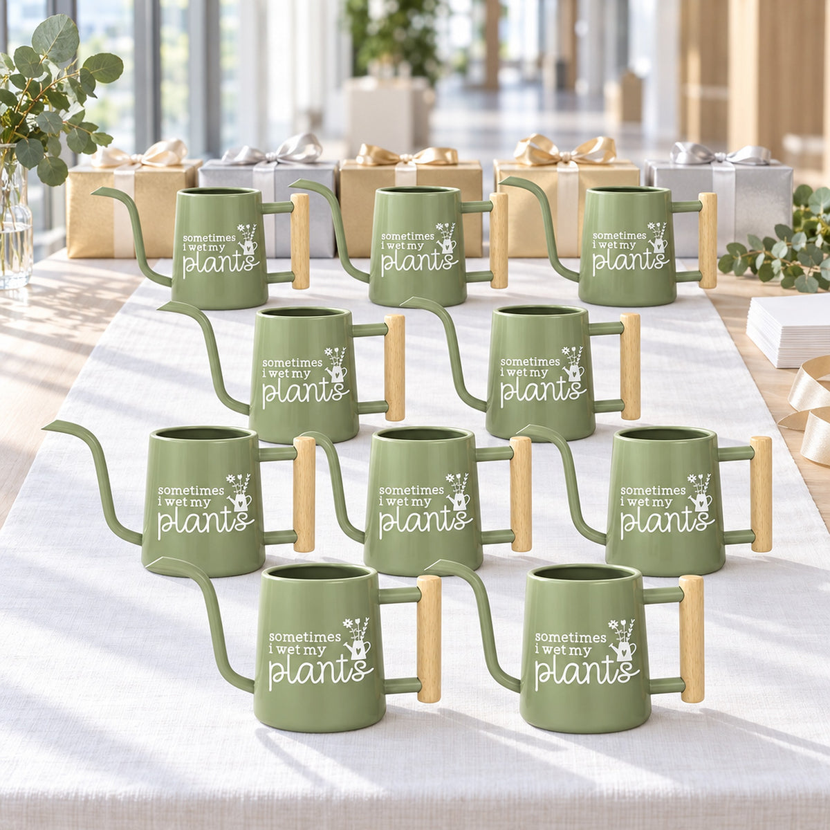 gray pot style Pack of Personalized Metal Watering Can - Sometimes I Wet My Plants for sale, weathered zinc finish, heavy duty iron alloy, steady flow nozzle, ideal for desktop gardens, thoughtful urban gardener offering