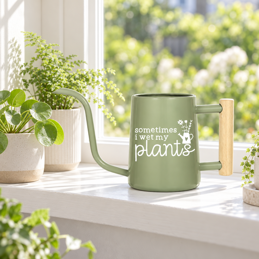 personalized metal watering can sometimes i wet my plants pink for sale, soft pink lacquered steel construction, charming personalization feature, precision spout design, medium-sized capacity, excellent for delicate flower care and propagation watering, beautiful gardening present