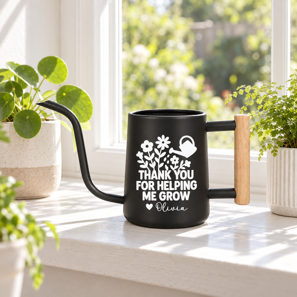 buy personalized metal watering can thank you for helping me grow gray online, sleek brushed gray metal exterior, comfortable grip handle, generous 2.5-gallon volume, great for small yard watering and container gardens, meaningful thank you gift for supporters