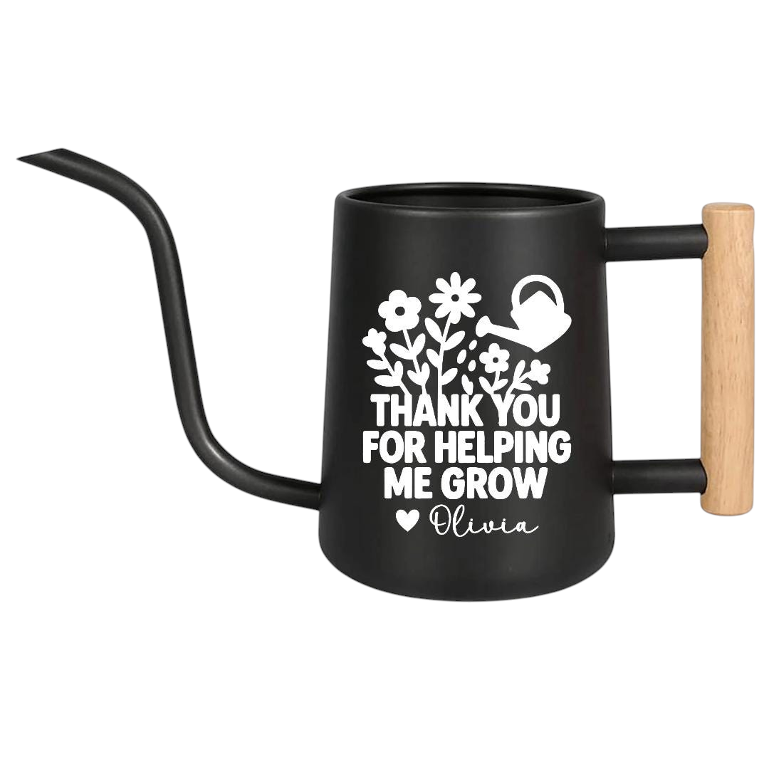 personalized metal watering can thank you for helping me grow pink for sale, charming rose pink metal finish, decorative personalized text, sturdy construction with sealed spout, perfect for cottage garden aesthetics and floral arrangements, special gift for garden enthusiasts