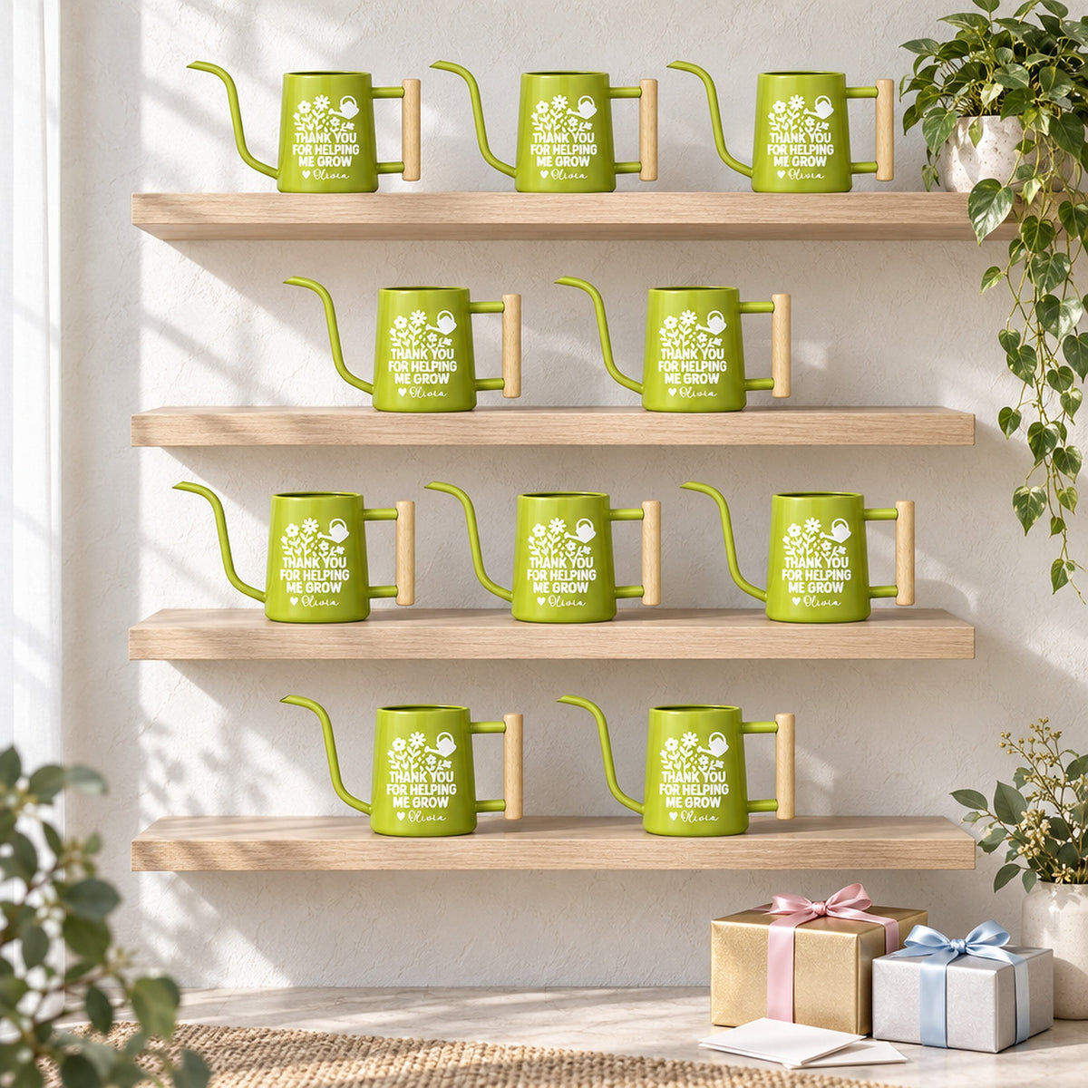 pink 10-pack Pack of Personalized Metal Watering Can - Thank You for Helping Me Grow for sale, lovely rose hue with personalized typography, petite lightweight build, corrosion-resistant metal, ideal for baby shower favors, unique plant lover gift