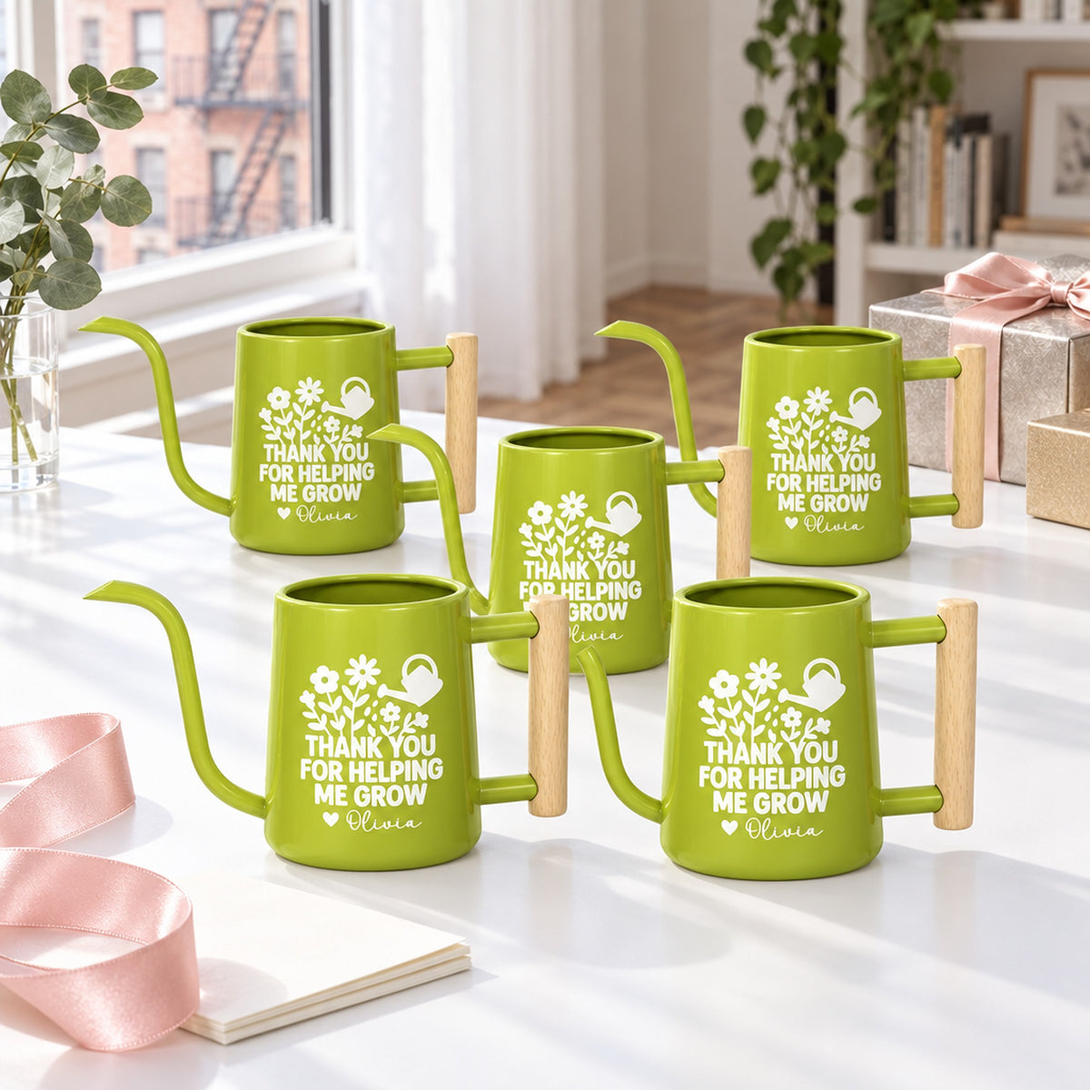 buy Pack of Personalized Metal Watering Can - Thank You for Helping Me Grow 5-pack in gray online, sleek silver-gray tone with custom text, compact handheld style, durable galvanized steel, ideal for school staff appreciation, great gardening gift