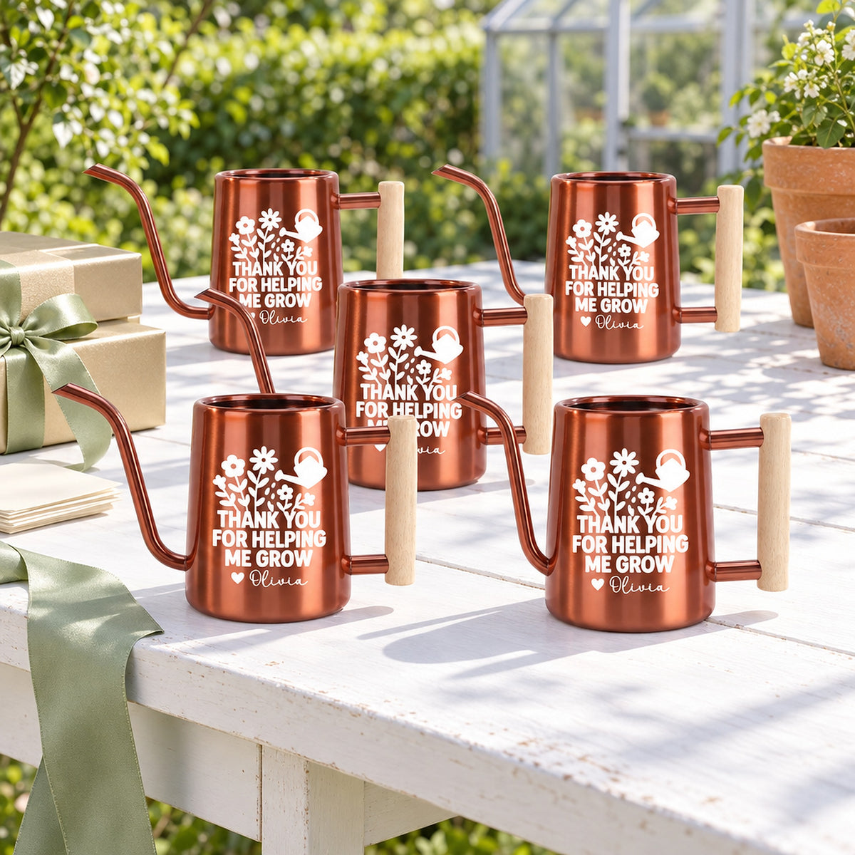buy Pack of Personalized Metal Watering Can - Thank You for Helping Me Grow 5-pack in purple online, deep colored finish with sleek lettering, small decorative size, durable coated metal, ideal for daycare thank you favors, unique plant lover gift