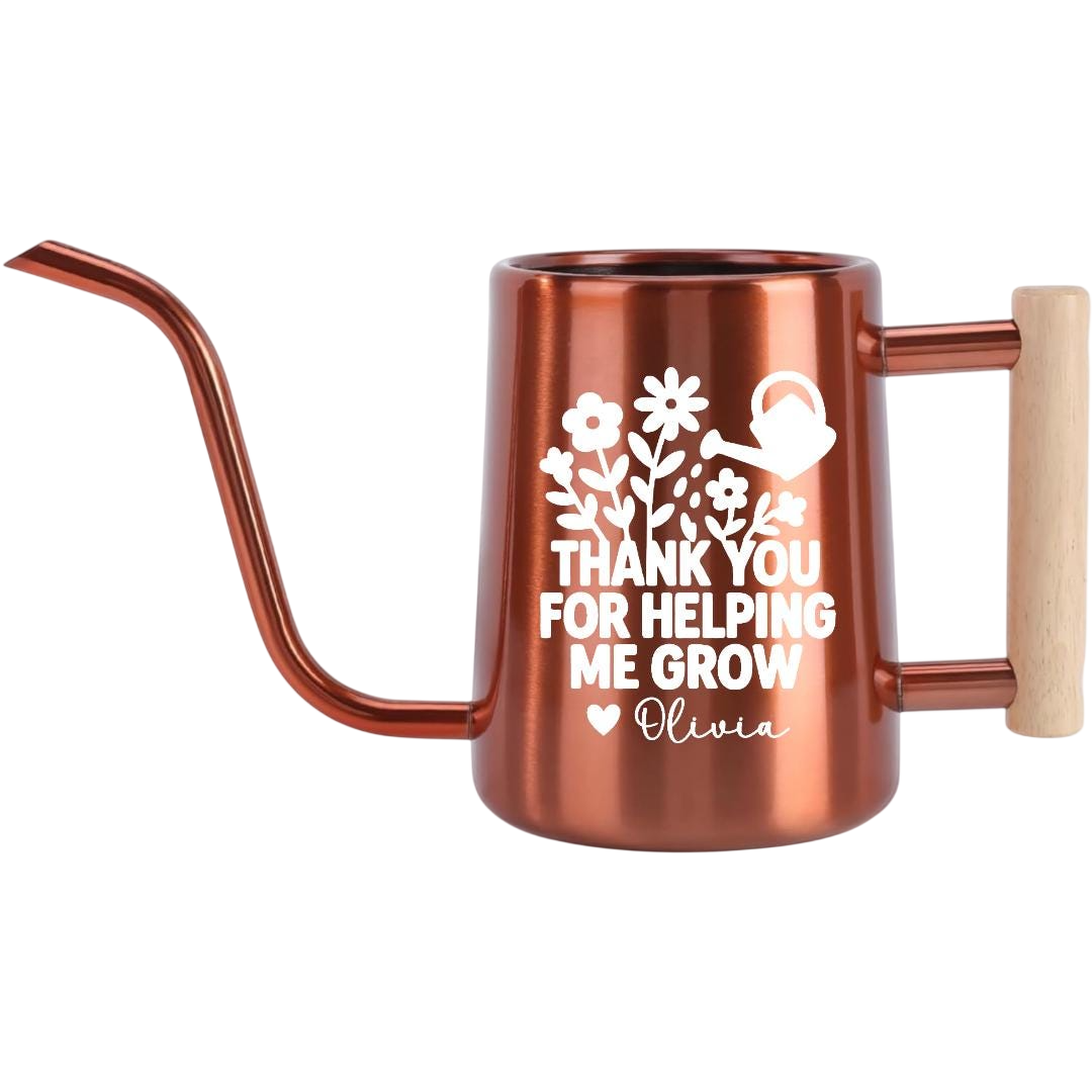 personalized metal watering can thank you for helping me grow pink for sale, lovely pink powdered metal, decorative personalized message, versatile 2-gallon capacity, great for diverse plant types and garden styles, memorable thank you present for growth facilitators