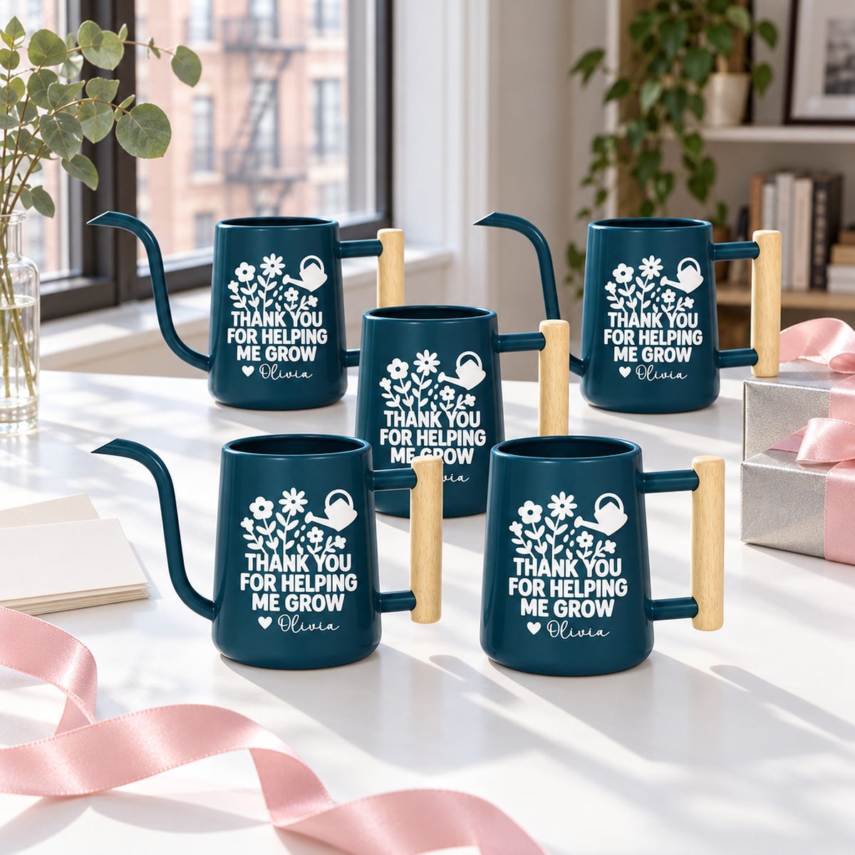 buy Pack of Personalized Metal Watering Can - Thank You for Helping Me Grow 20-pack in gray online, neutral metallic tone with personalized text, compact handheld capacity, sturdy steel construction, ideal for classroom botanical projects, beautiful housewarming gift