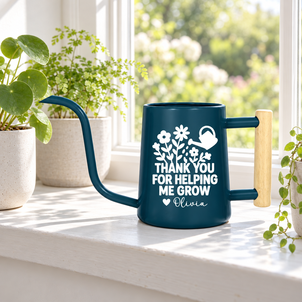 buy personalized metal watering can orange thank you for helping me grow online, bright tangerine coated steel with comfortable grip handle, compact 1-gallon size perfect for desk and tabletop plants, engraved motivational message, ideal for herb gardens and windowsill planters, perfect gift for coworkers and helpers