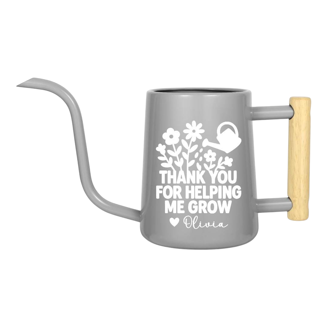 personalized metal watering can thank you for helping me grow orange for sale, bright orange enameled metal, reinforced handle for durability, deep watering reach design, perfect for herb gardens and window planters, wonderful mentor appreciation gift