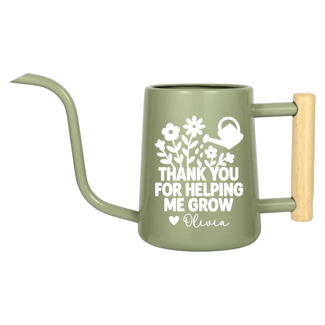 personalized metal watering can thank you for helping me grow pink for sale, delicate pink metal exterior with protective lacquer, elegant curved spout, compact 1.5-gallon format, perfect for small balcony gardens and sensitive plantings, special thank you keepsake for guides