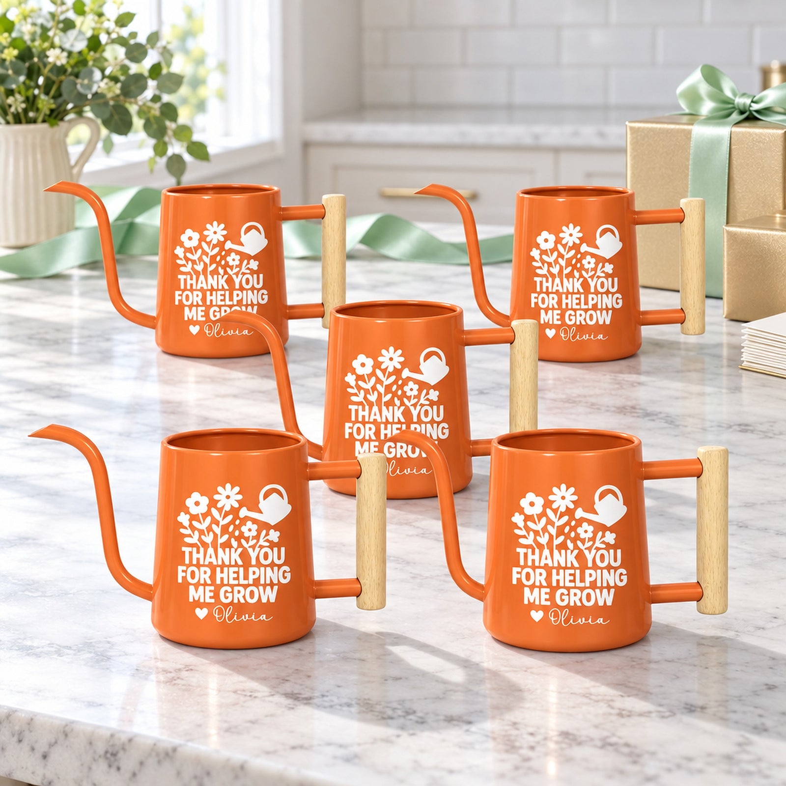 buy Pack of Personalized Metal Watering Can - Thank You for Helping Me Grow 5-pack in black online, smooth metallic finish with custom engraving, compact tabletop size, durable rust-resistant construction, ideal for teacher appreciation events, great gardening gift