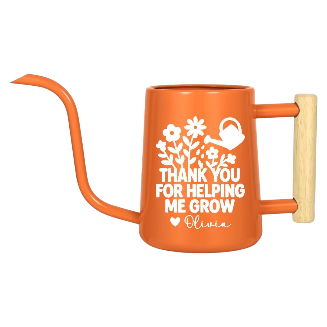 personalized metal watering can orange thank you for helping me grow for sale, vibrant powder-coated orange exterior, sturdy metal handle and spout, ergonomic design for comfortable pouring, great for indoor and outdoor potted plants, unique appreciation gift for teachers and helpers