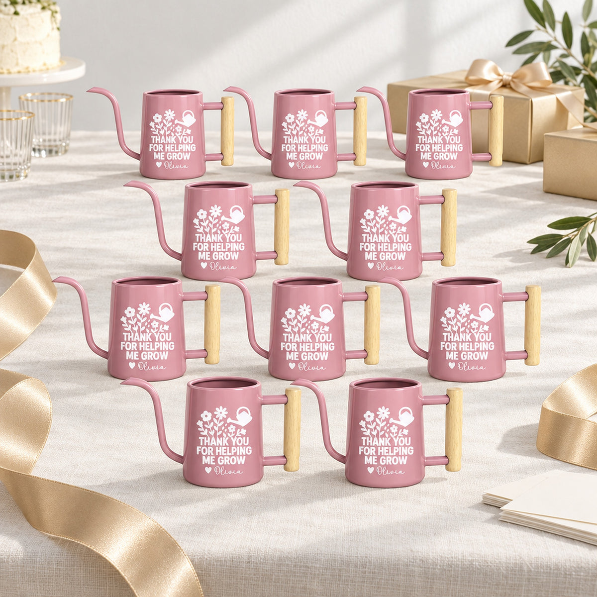 gray and pink 10-pack Pack of Personalized Metal Watering Can - Thank You for Helping Me Grow for sale, muted metallic blend with custom engraving, lightweight handheld scale, rust-proof metal, ideal for charity fundraiser tokens, great gardening gift
