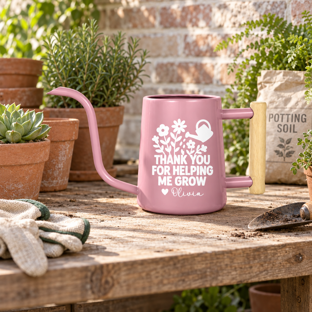 buy personalized metal watering can gray thank you for helping me grow online, sleek charcoal gray metal finish, vintage-inspired style with personalized engraving, 1.5-gallon size with precision nozzle, perfect for balcony gardens and container plants, beautiful gift for plant parents and supporters